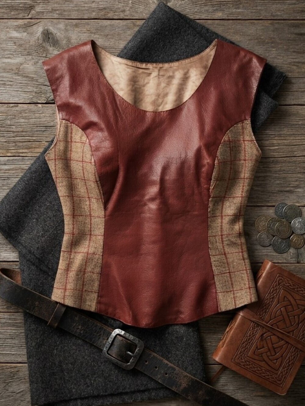 Redshank Scotland Wool Plaid Faux Leather Corset Style Sleeveless Top